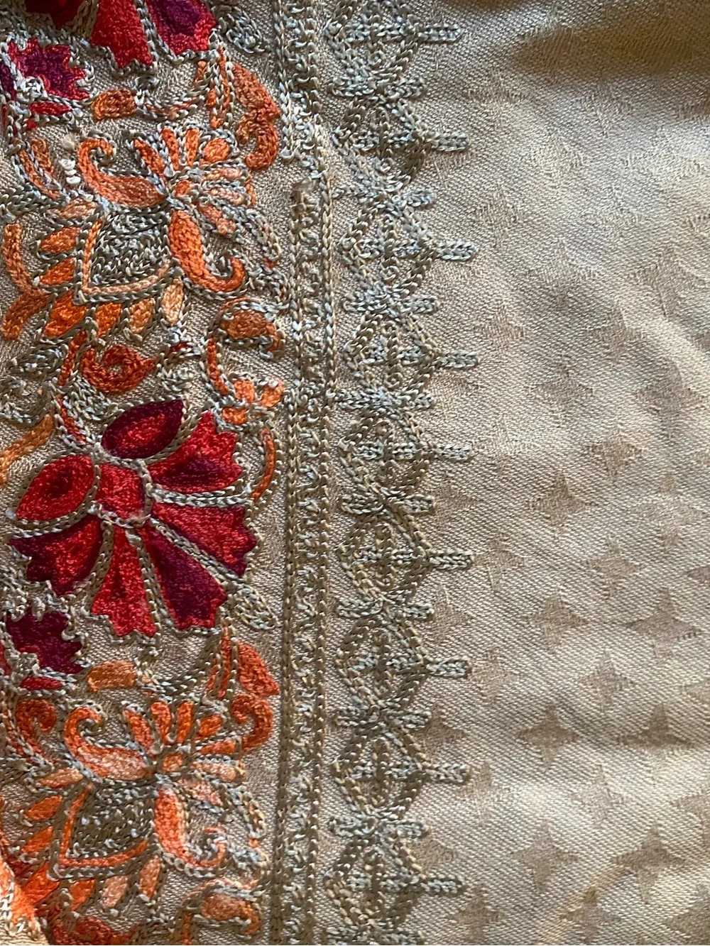Beige Floral-Embroidered Women's Scarf with Red & Orange Accents‎